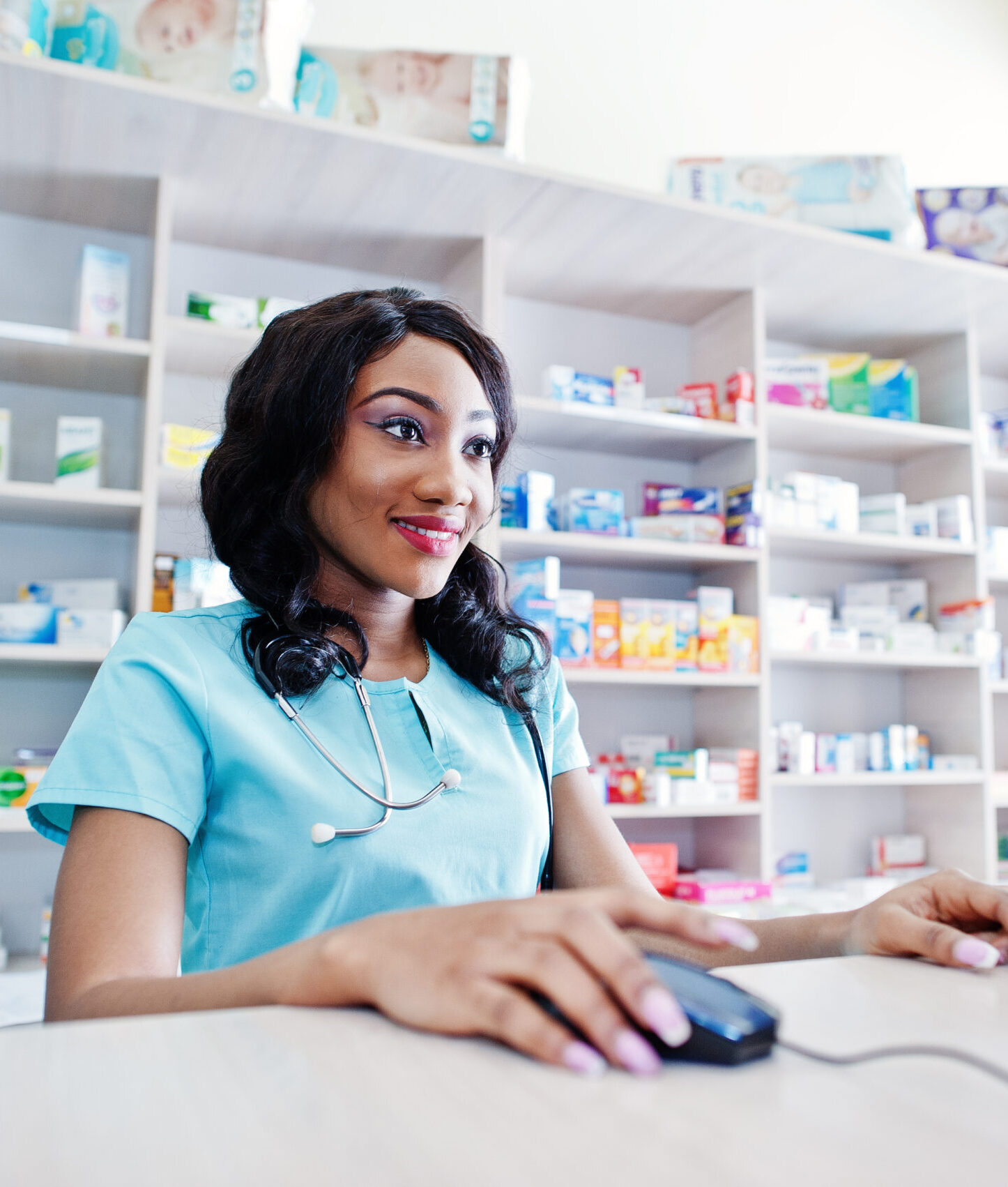 African american pharmacist cashier working in drugstore at hospital pharmacy. African healthcare.